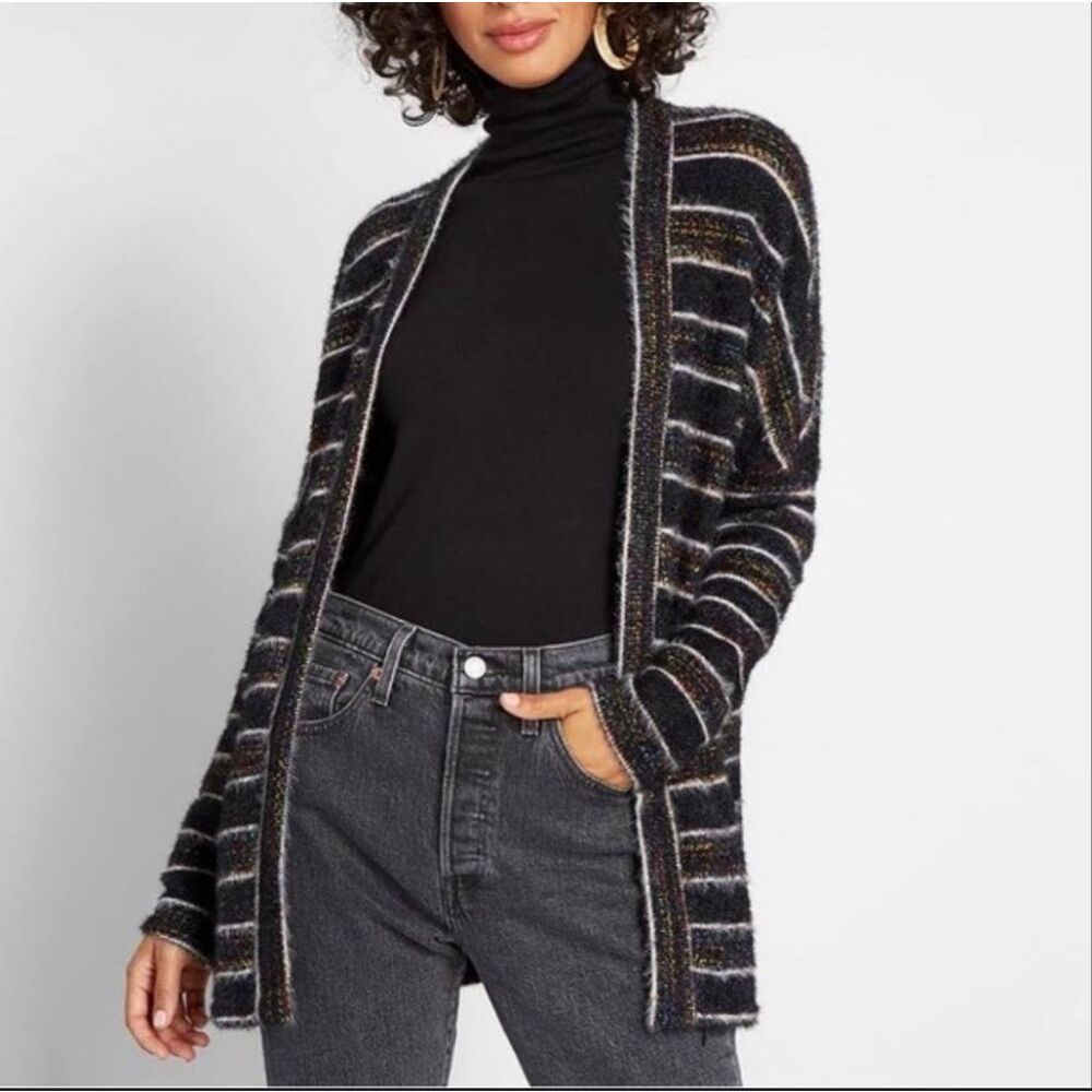 ModCloth Black Multicolor Metallic Chenille Fuzzy Long Cardigan Size L